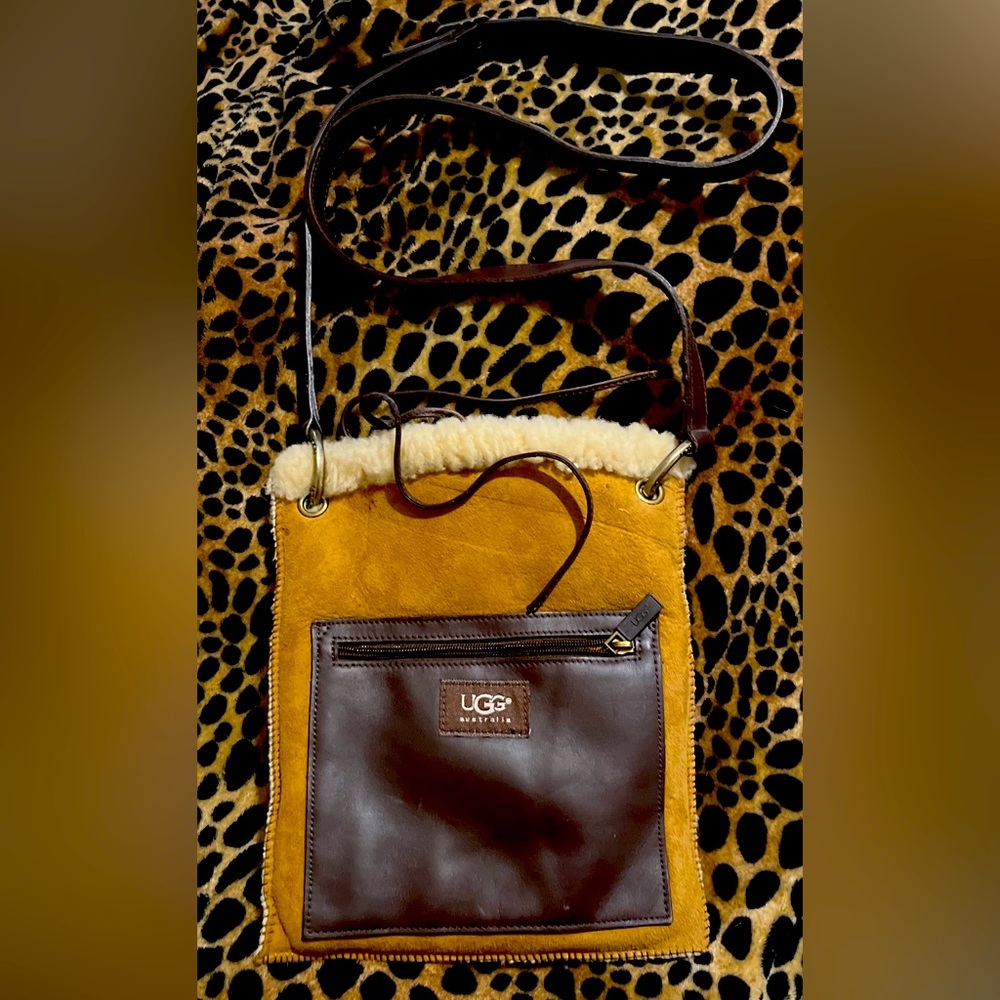 Ugg chestnut suede sheep fur & leather crossbody shoulder bag travel tote bag